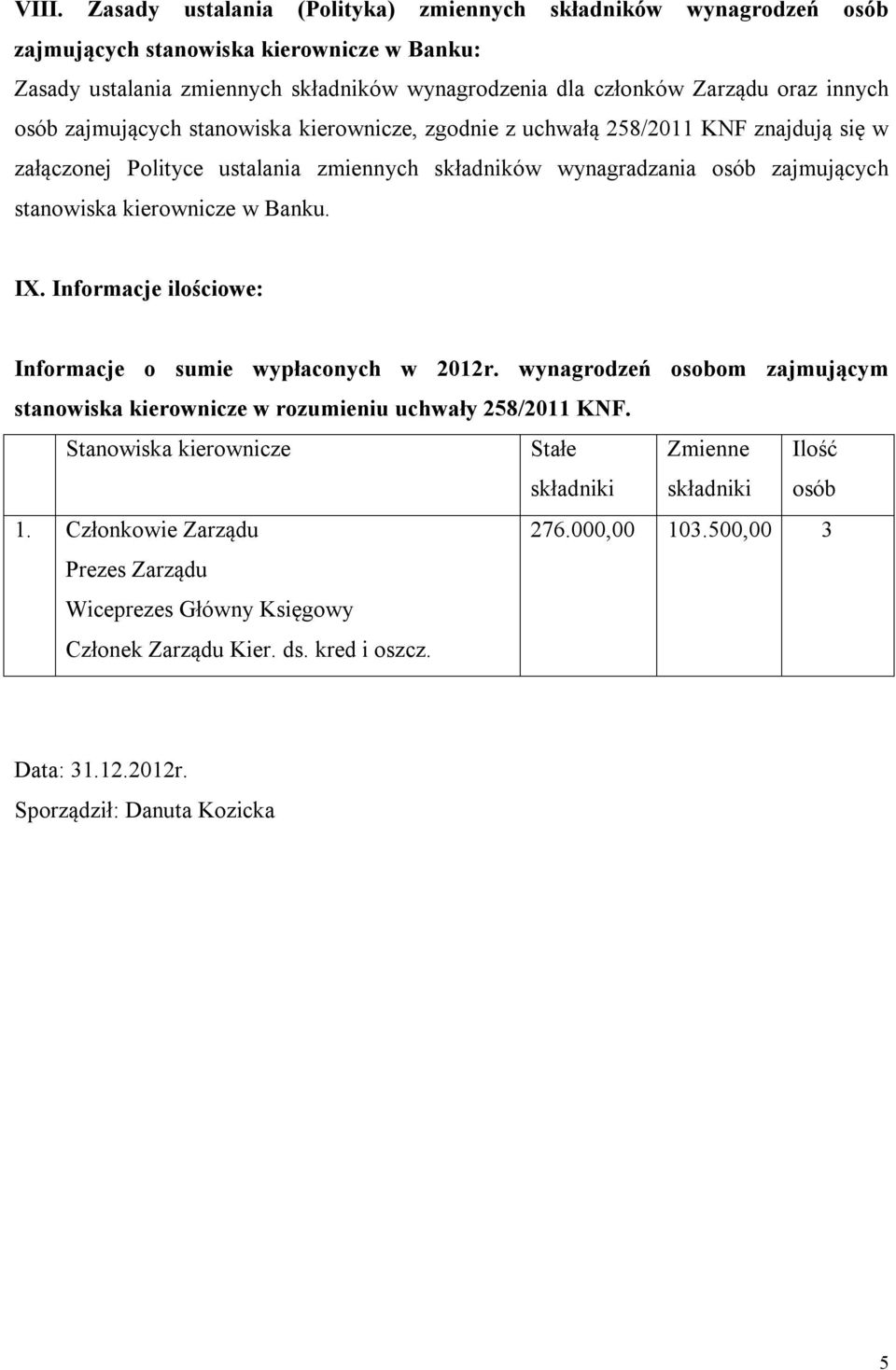 w Banku. IX. Informacje ilościowe: Informacje o sumie wypłaconych w 2012r. wynagrodzeń osobom zajmującym stanowiska kierownicze w rozumieniu uchwały 258/2011 KNF.
