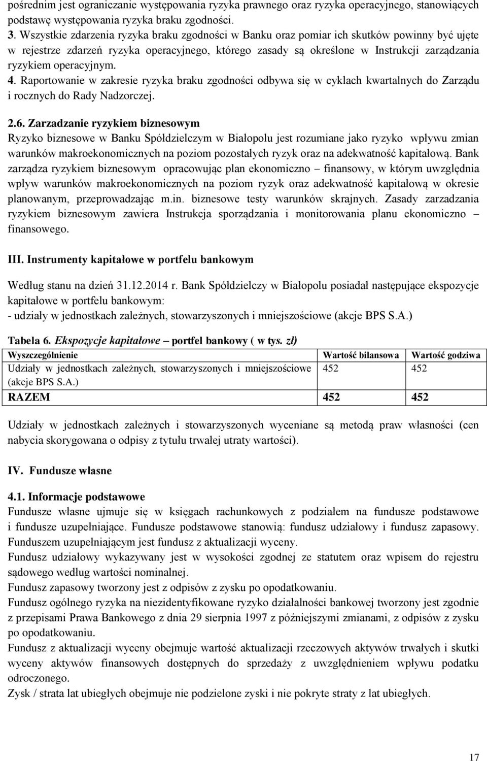 operacyjnym. 4. Raportowanie w zakresie ryzyka braku zgodności odbywa się w cyklach kwartalnych do Zarządu i rocznych do Rady Nadzorczej. 2.6.