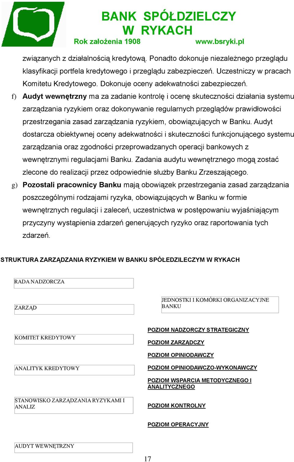 f) Audyt wewnętrzny ma za zadanie kontrolę i ocenę skuteczności działania systemu zarządzania ryzykiem oraz dokonywanie regularnych przeglądów prawidłowości przestrzegania zasad zarządzania ryzykiem,