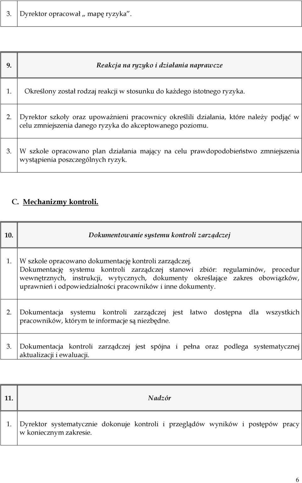W szkole opracowano plan działania mający na celu prawdopodobieństwo zmniejszenia wystąpienia poszczególnych ryzyk. C. Mechanizmy kontroli. 10. Dokumentowanie systemu kontroli zarządczej 1.