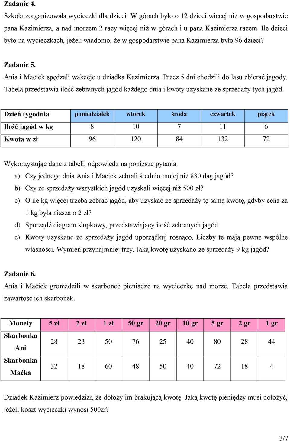 Przez 5 dni chodzili do lasu zbierać jagody. Tabela przedstawia ilość zebranych jagód każdego dnia i kwoty uzyskane ze sprzedaży tych jagód.