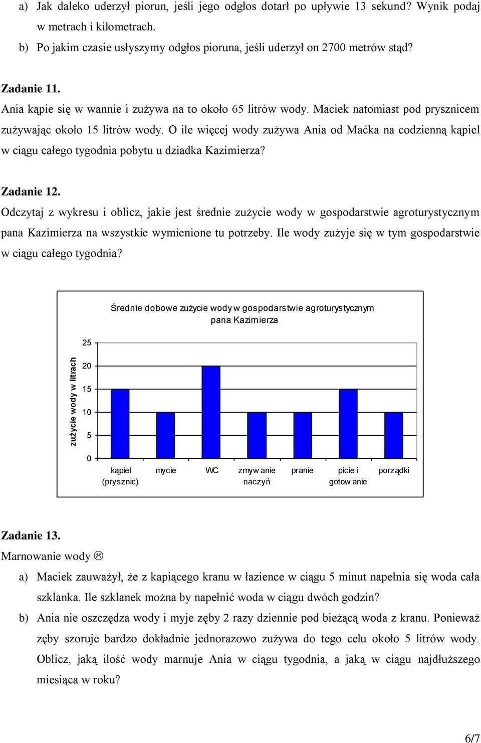 Maciek natomiast pod prysznicem zużywając około 15 litrów wody. O ile więcej wody zużywa Ania od Maćka na codzienną kąpiel w ciągu całego tygodnia pobytu u dziadka Kazimierza? Zadanie 12.