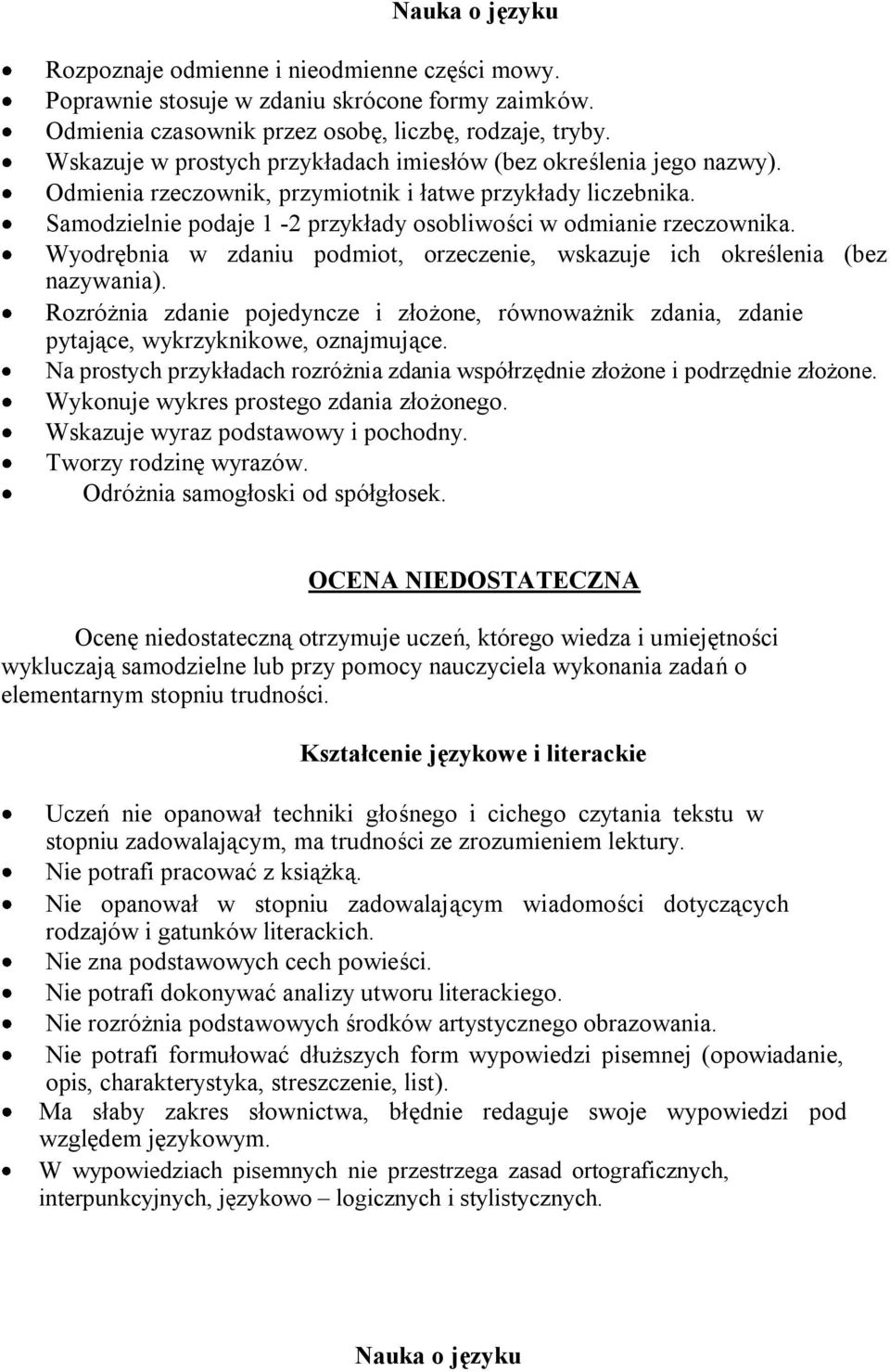 Samodzielnie podaje 1-2 przykłady osobliwości w odmianie rzeczownika. Wyodrębnia w zdaniu podmiot, orzeczenie, wskazuje ich określenia (bez nazywania).