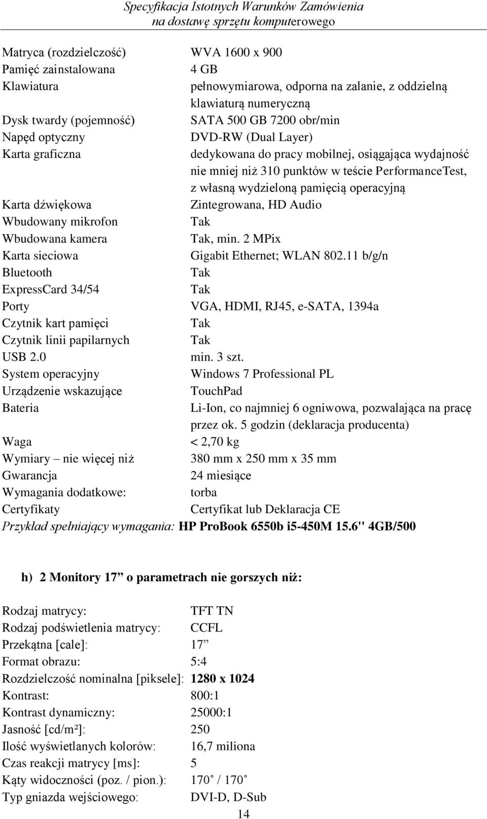 dźwiękowa Zintegrowana, HD Audio Wbudowany mikrofon Wbudowana kamera, min. 2 MPix Karta sieciowa Gigabit Ethernet; WLAN 802.