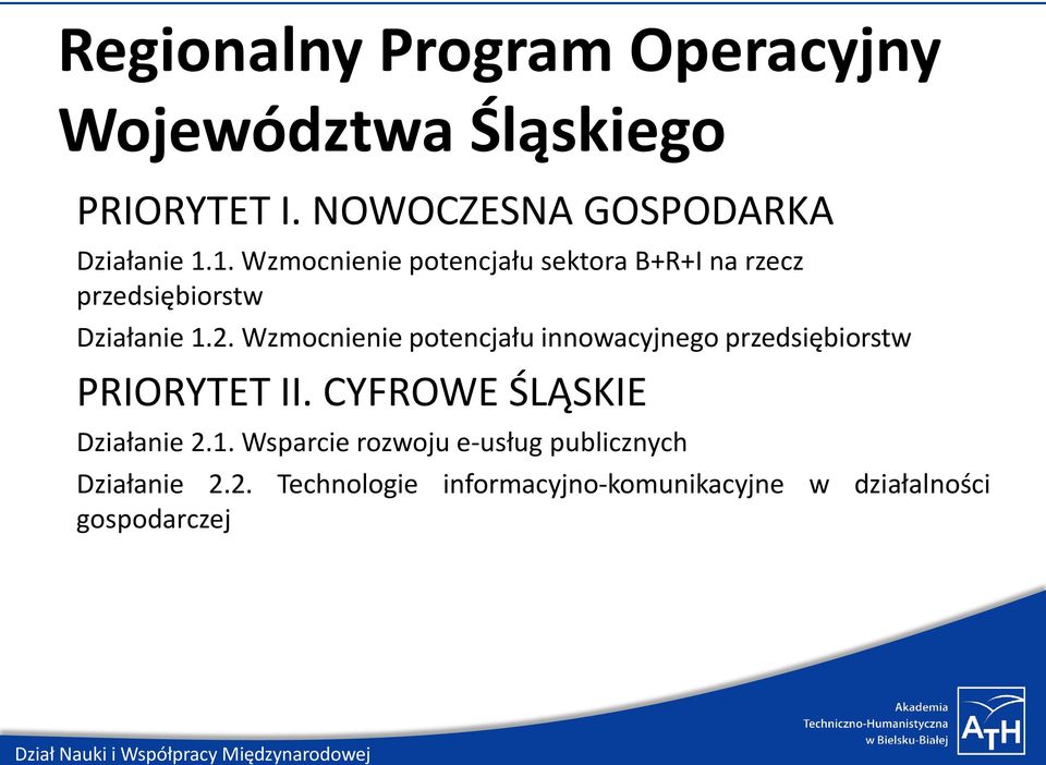 Wzmocnienie potencjału innowacyjnego przedsiębiorstw PRIORYTET II. CYFROWE ŚLĄSKIE Działanie 2.1.