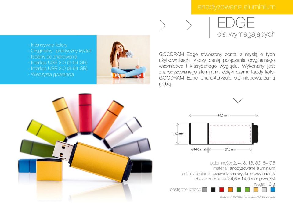 0 (8-64 GB) GOODRAM Edge stworzony zosta³ z my l¹ o tych u ytkownikach, którzy ceni¹ po³¹czenie oryginalnego wzornictwa i klasycznego wygl¹du.