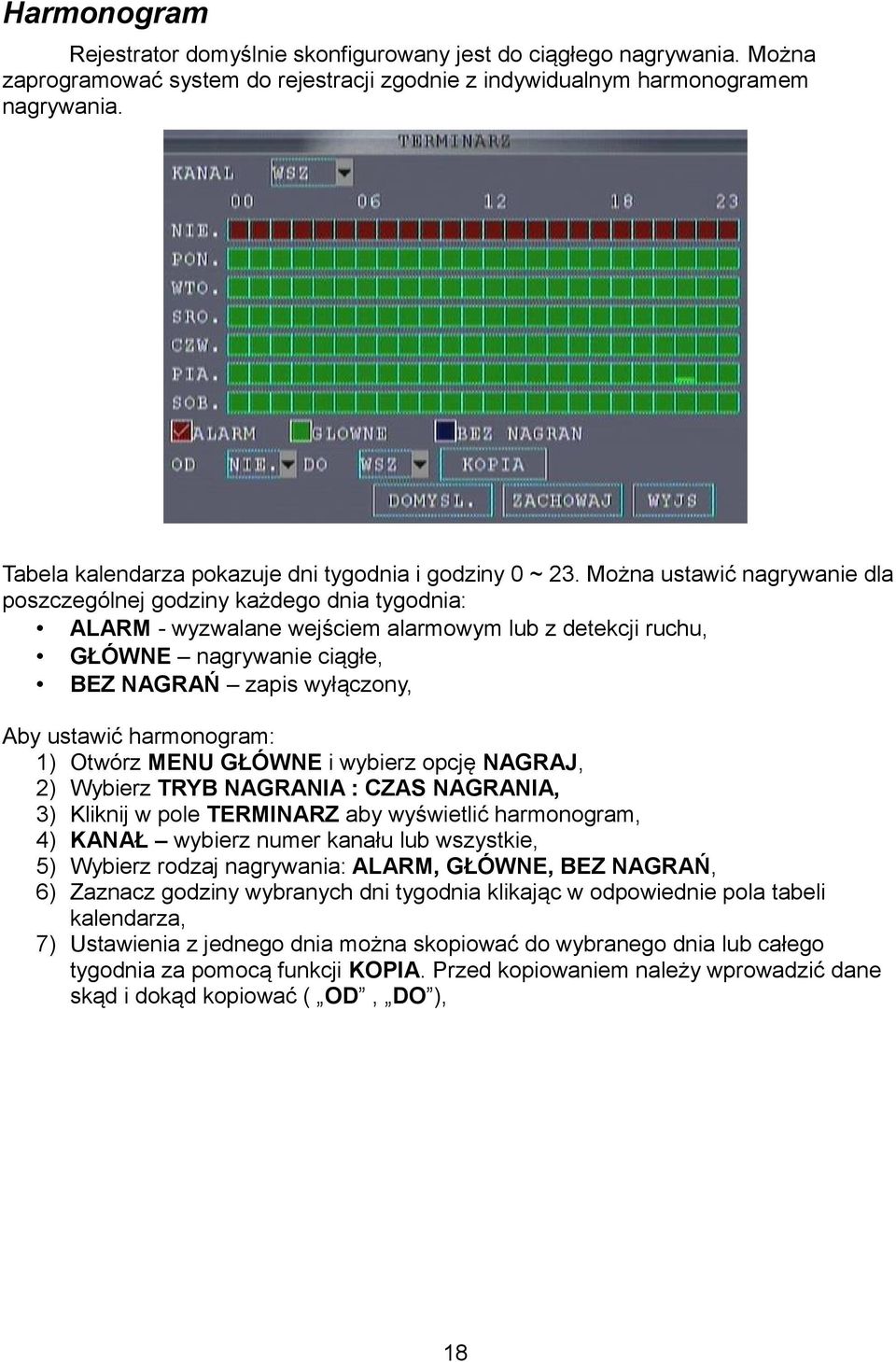 Można ustawić nagrywanie dla poszczególnej godziny każdego dnia tygodnia: ALARM - wyzwalane wejściem alarmowym lub z detekcji ruchu, GŁÓWNE nagrywanie ciągłe, BEZ NAGRAŃ zapis wyłączony, Aby ustawić