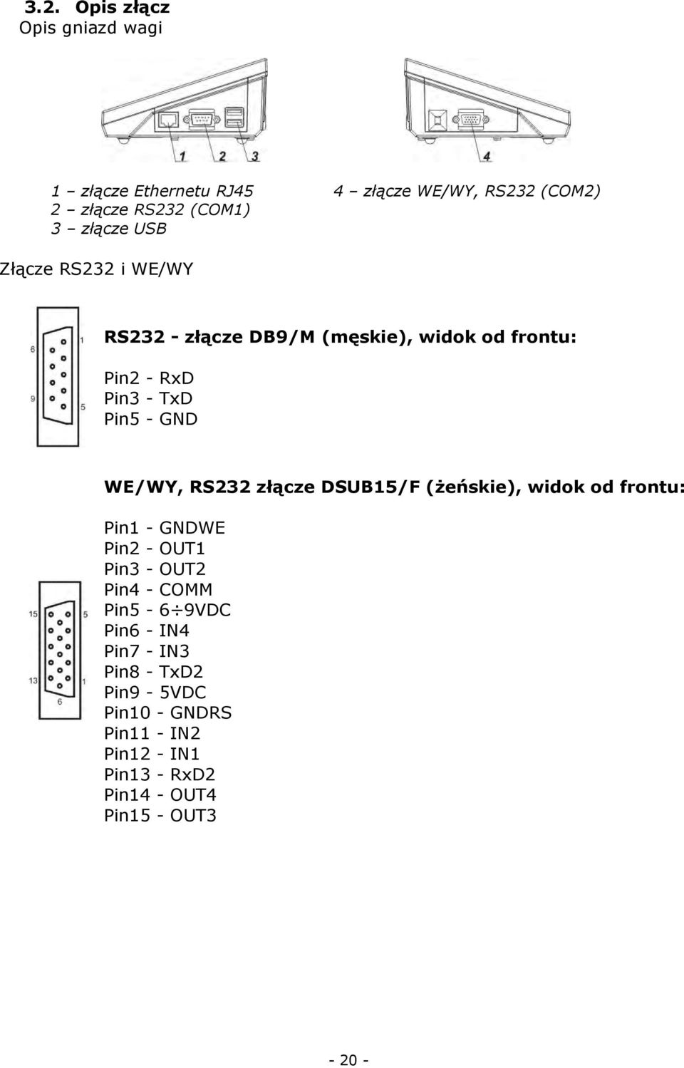 RS232 złącze DSUB15/F (żeńskie), widok od frontu: Pin1 - GNDWE Pin2 - OUT1 Pin3 - OUT2 Pin4 - COMM Pin5-6 9VDC Pin6