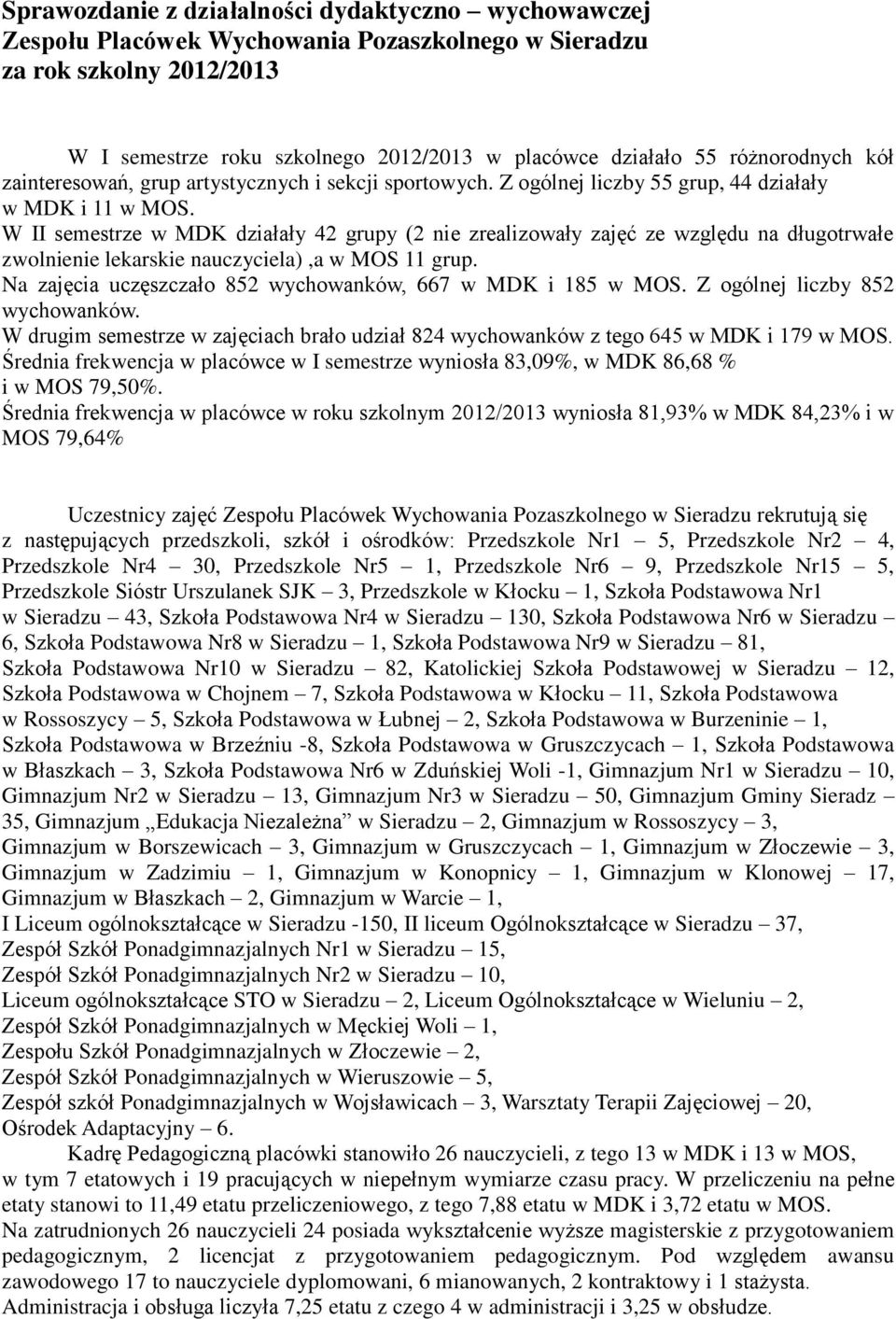 W II semestrze w MDK działały 42 grupy (2 nie zrealizowały zajęć ze względu na długotrwałe zwolnienie lekarskie nauczyciela),a w MOS 11 grup.