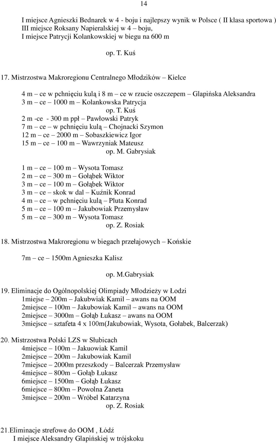 Kuś 2 m -ce - 300 m ppł Pawłowski Patryk 7 m ce w pchnięciu kulą Chojnacki Szymon 12 m ce 2000 m Sobaszkiewicz Igor 15 m ce 100 m Wawrzyniak Ma