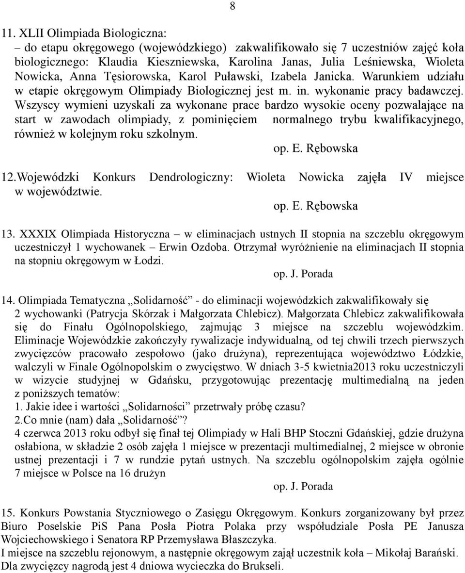 Wszyscy wymieni uzyskali za wykonane prace bardzo wysokie oceny pozwalające na start w zawodach olimpiady, z pominięciem normalnego trybu kwalifikacyjnego, również w kolejnym roku szkolnym. op. E.