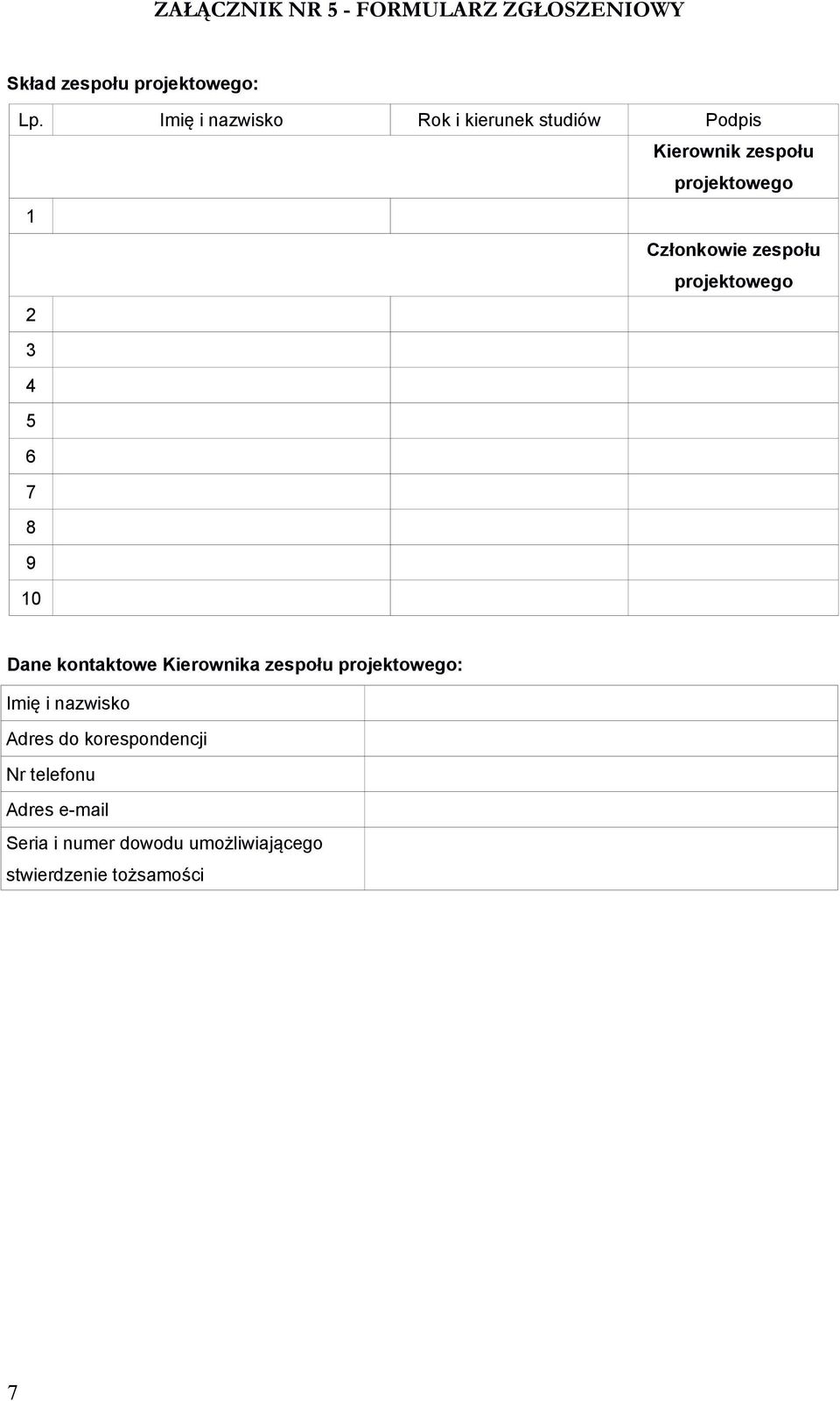 zespołu projektowego 2 3 4 5 6 7 8 9 10 Dane kontaktowe Kierownika zespołu projektowego: Imię
