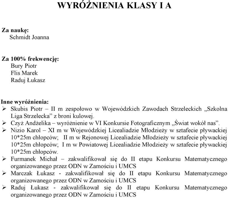 Nizio Karol XI m w Wojewódzkiej Licealiadzie Młodzieży w sztafecie pływackiej 10*25m chłopców; II m w Rejonowej Licealiadzie Młodzieży w sztafecie pływackiej 10*25m chłopców; I m w Powiatowej
