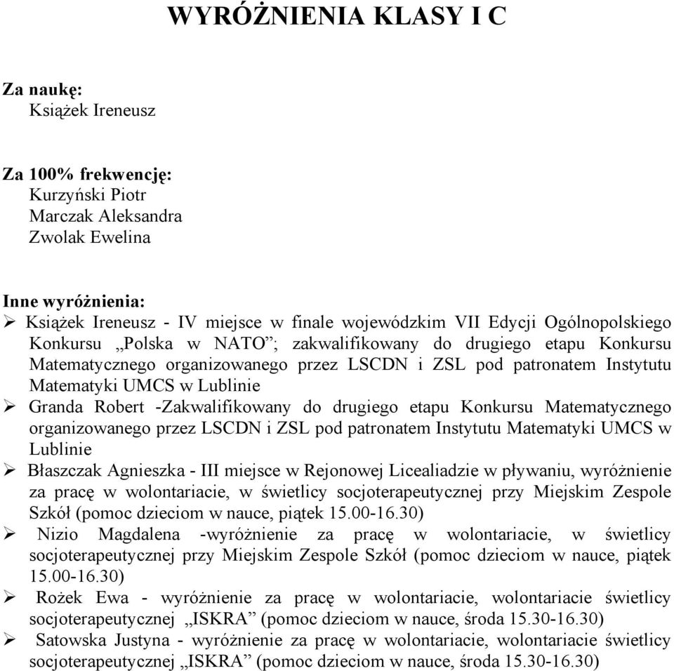 Konkursu Matematycznego organizowanego przez LSCDN i ZSL pod patronatem Instytutu Matematyki UMCS w Lublinie Błaszczak Agnieszka - III miejsce w Rejonowej Licealiadzie w pływaniu, wyróżnienie za