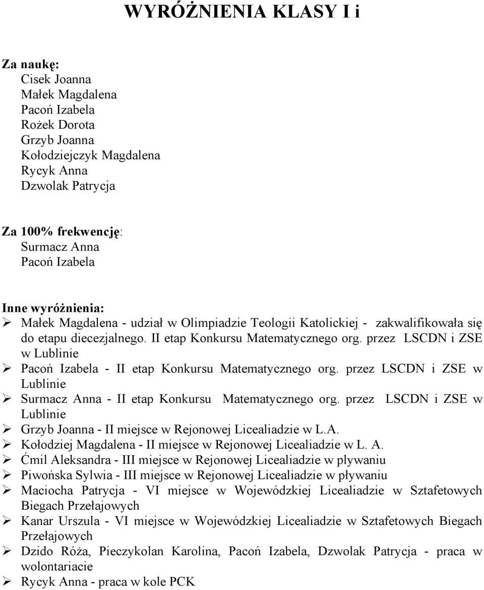 przez LSCDN i ZSE w Lublinie Surmacz Anna - II etap Konkursu Matematycznego org. przez LSCDN i ZSE w Lublinie Grzyb Joanna - II miejsce w Rejonowej Licealiadzie w L.A. Kołodziej Magdalena - II miejsce w Rejonowej Licealiadzie w L.