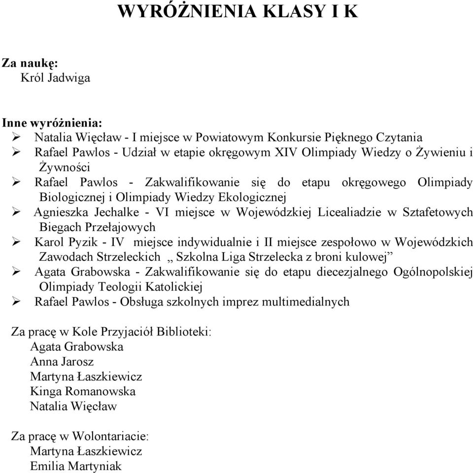 Przełajowych Karol Pyzik - IV miejsce indywidualnie i II miejsce zespołowo w Wojewódzkich Zawodach Strzeleckich Szkolna Liga Strzelecka z broni kulowej Agata Grabowska - Zakwalifikowanie się do etapu