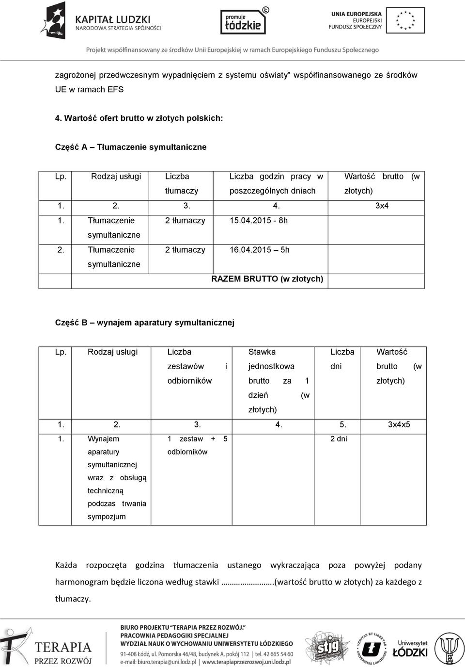Tłumaczenie symultaniczne 2 tłumaczy 16.04.2015 5h RAZEM BRUTTO (w złotych) Część B wynajem aparatury symultanicznej Lp.