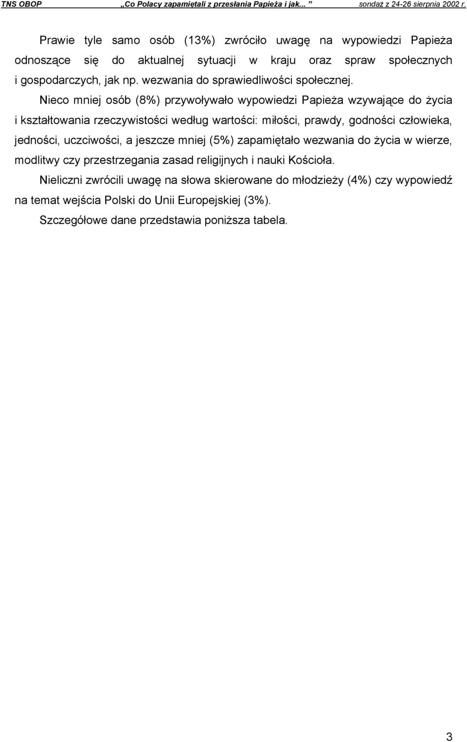 Nieco mniej osób (8%) przywoływało wypowiedzi Papieża wzywające do życia i kształtowania rzeczywistości według wartości: miłości, prawdy, godności człowieka, jedności,