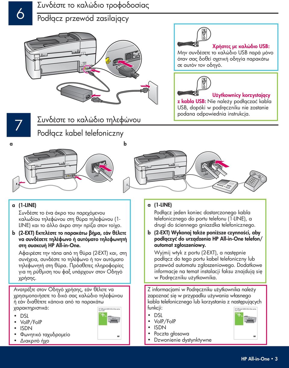 b (2-EXT) μ, μ HP All-in-One. (2-EXT),, μ. μ., μ : DSL VoIP/FoIP ISDN μ Δ a (1-LINE) Podł cz jeden koniec dostarczonego kabla telefonicznego do portu telefonu (1-LINE), a drugi do ciennego gniazdka telefonicznego.