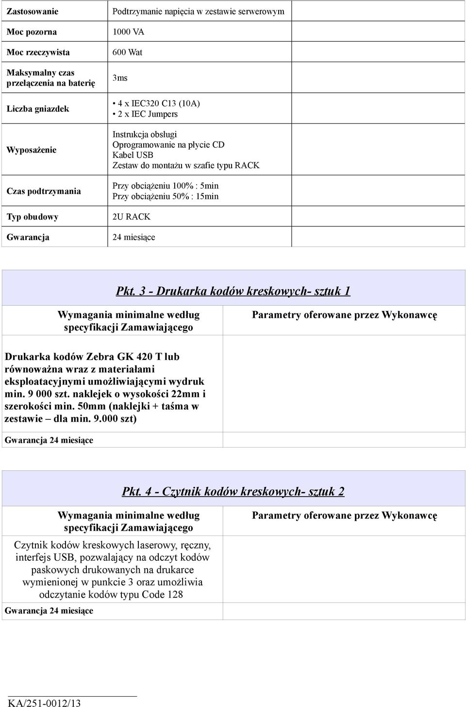 Pkt. 3 - Drukarka kodów kreskowych- sztuk 1 Wymagania minimalne według specyfikacji Drukarka kodów Zebra GK 420 T lub równoważna wraz z materiałami eksploatacyjnymi umożliwiającymi wydruk min.