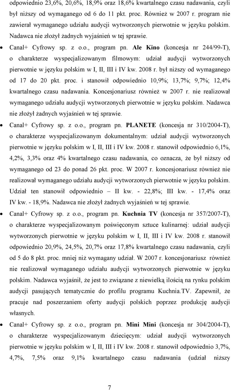 Ale Kino (koncesja nr 244/99-T), o charakterze wyspecjalizowanym filmowym: udział audycji wytworzonych pierwotnie w języku polskim w I, II, III i IV kw. 2008 r.