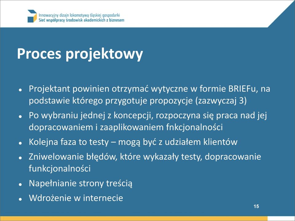 dopracowaniem i zaaplikowaniem fnkcjonalności Kolejna faza to testy mogą być z udziałem klientów