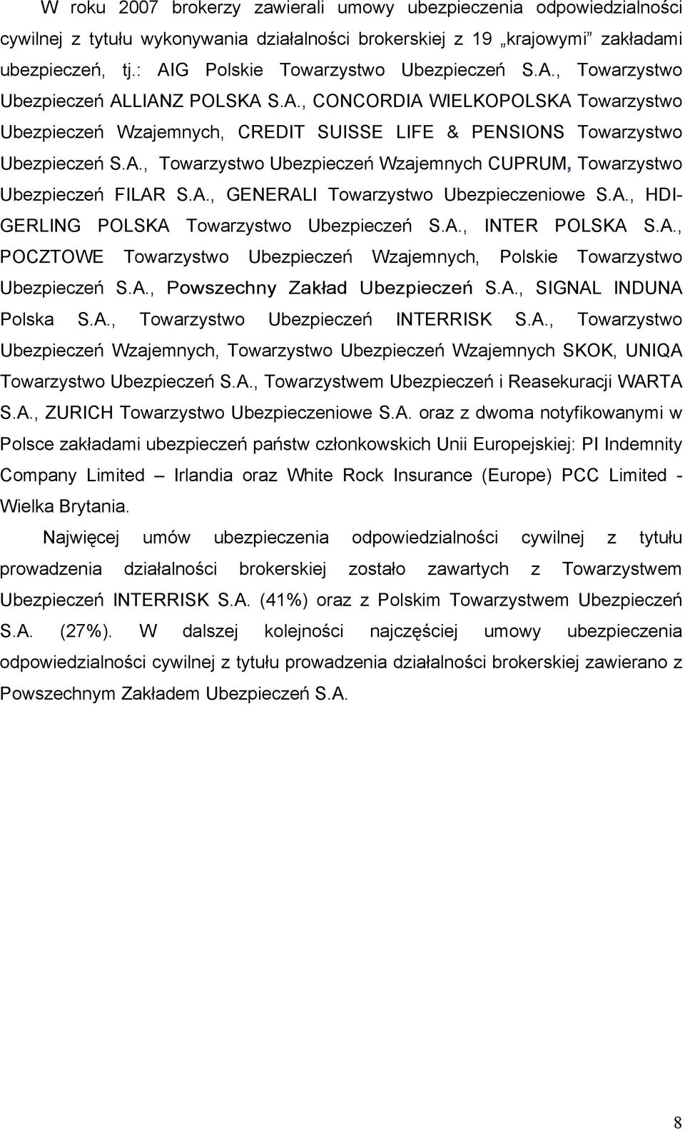 A., Towarzystwo Ubezpieczeń Wzajemnych CUPRUM, Towarzystwo Ubezpieczeń FILAR S.A., GENERALI Towarzystwo Ubezpieczeniowe S.A., HDI- GERLING POLSKA Towarzystwo Ubezpieczeń S.A., INTER POLSKA S.A., POCZTOWE Towarzystwo Ubezpieczeń Wzajemnych, Polskie Towarzystwo Ubezpieczeń S.