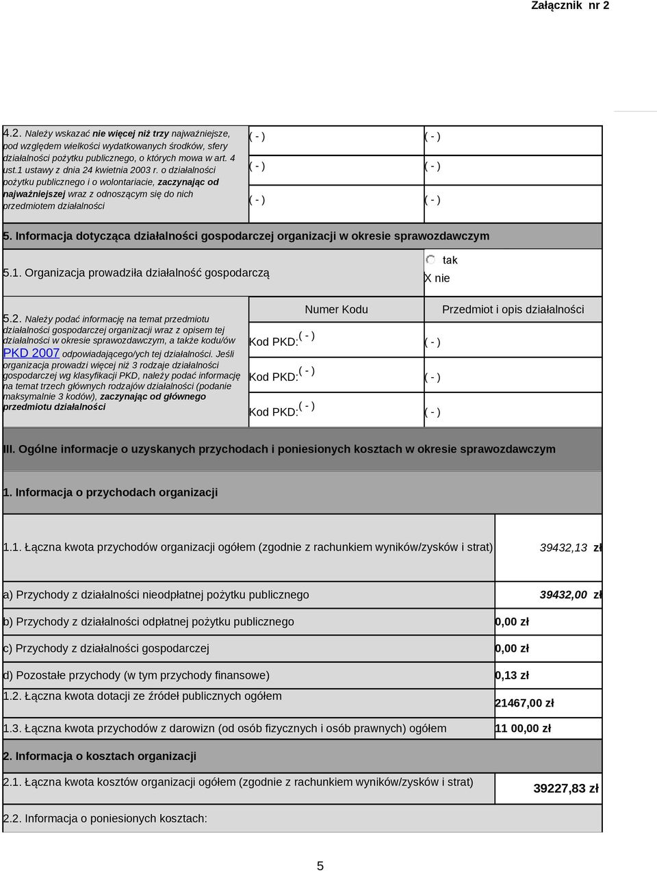 Informacja dotycząca działalności gospodarczej organizacji w okresie 5.1. Organizacja prowadziła działalność gospodarczą X tak 5.2.