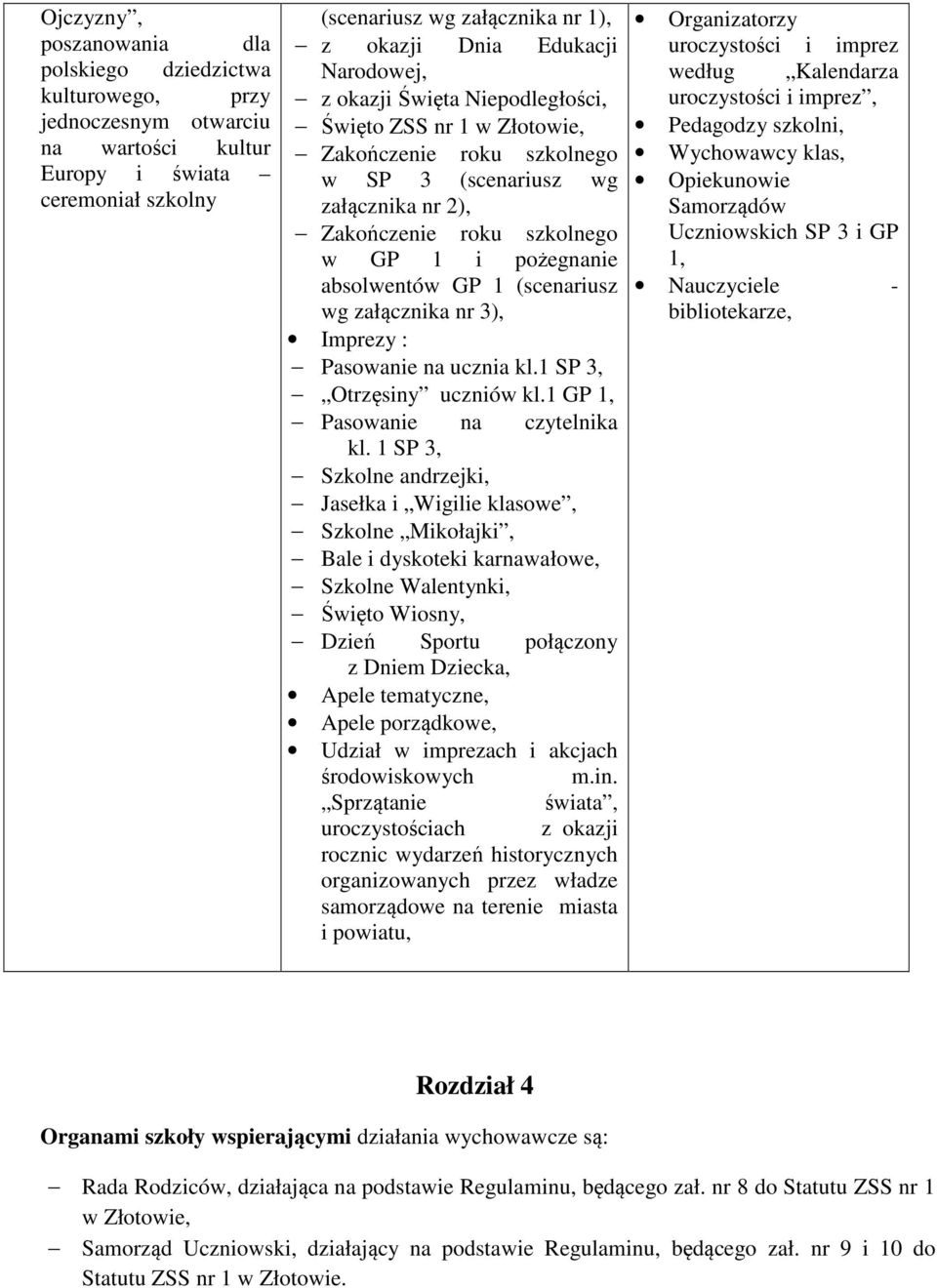 1 (scenariusz wg załącznika nr 3), Imprezy : Pasowanie na ucznia kl.1 SP 3, Otrzęsiny uczniów kl.1 GP 1, Pasowanie na czytelnika kl.