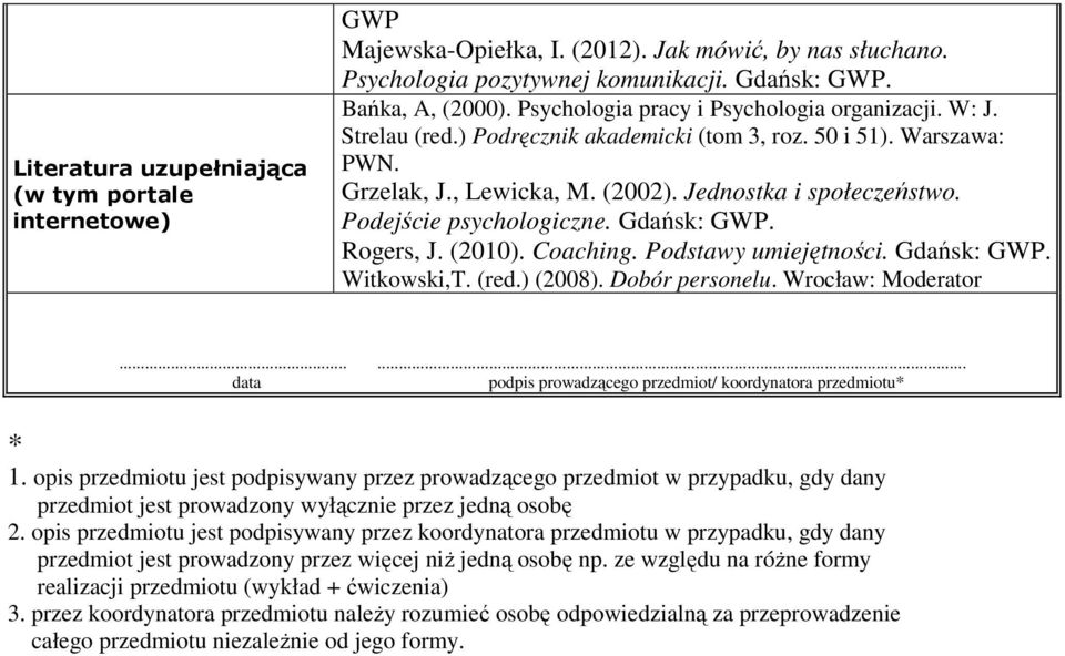 Podejście psychologiczne. Gdańsk: GWP. Rogers, J. (2010). Coaching. Podstawy umiejętności. Gdańsk: GWP. Witkowski,T. (red.) (2008). Dobór personelu. Wrocław: Moderator.