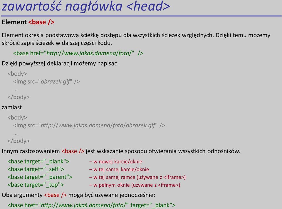 gif" /> </body> Innym zastosowaniem <base /> jest wskazanie sposobu otwierania wszystkich odnośników.