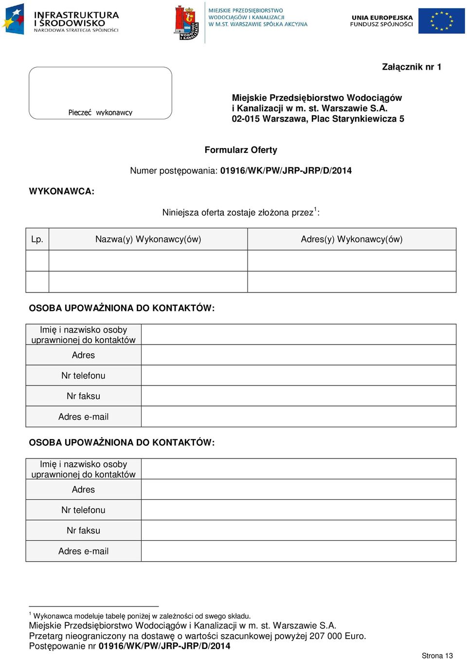 Lp. Nazwa(y) Wykonawcy(ów) Adres(y) Wykonawcy(ów) OSOBA UPOWAŻNIONA DO KONTAKTÓW: Imię i nazwisko osoby uprawnionej do kontaktów Adres Nr telefonu Nr faksu