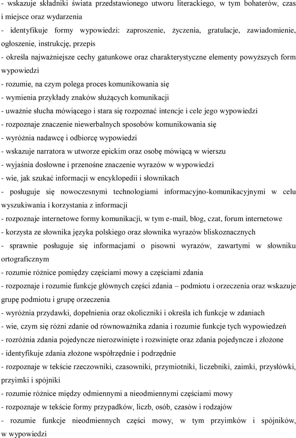 komunikacji - uważnie słucha mówiącego i stara się rozpoznać intencje i cele jego - rozpoznaje znaczenie niewerbalnych sposobów komunikowania się - wyróżnia nadawcę i odbiorcę - wskazuje narratora w