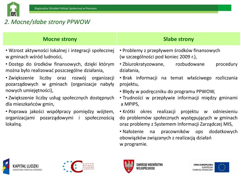 jakości współpracy pomiędzy wójtem, organizacjami pozarządowymi i społecznością lokalną. Słabe strony Problemy z przepływem środków finansowych (w szczególności pod koniec 2009 r.