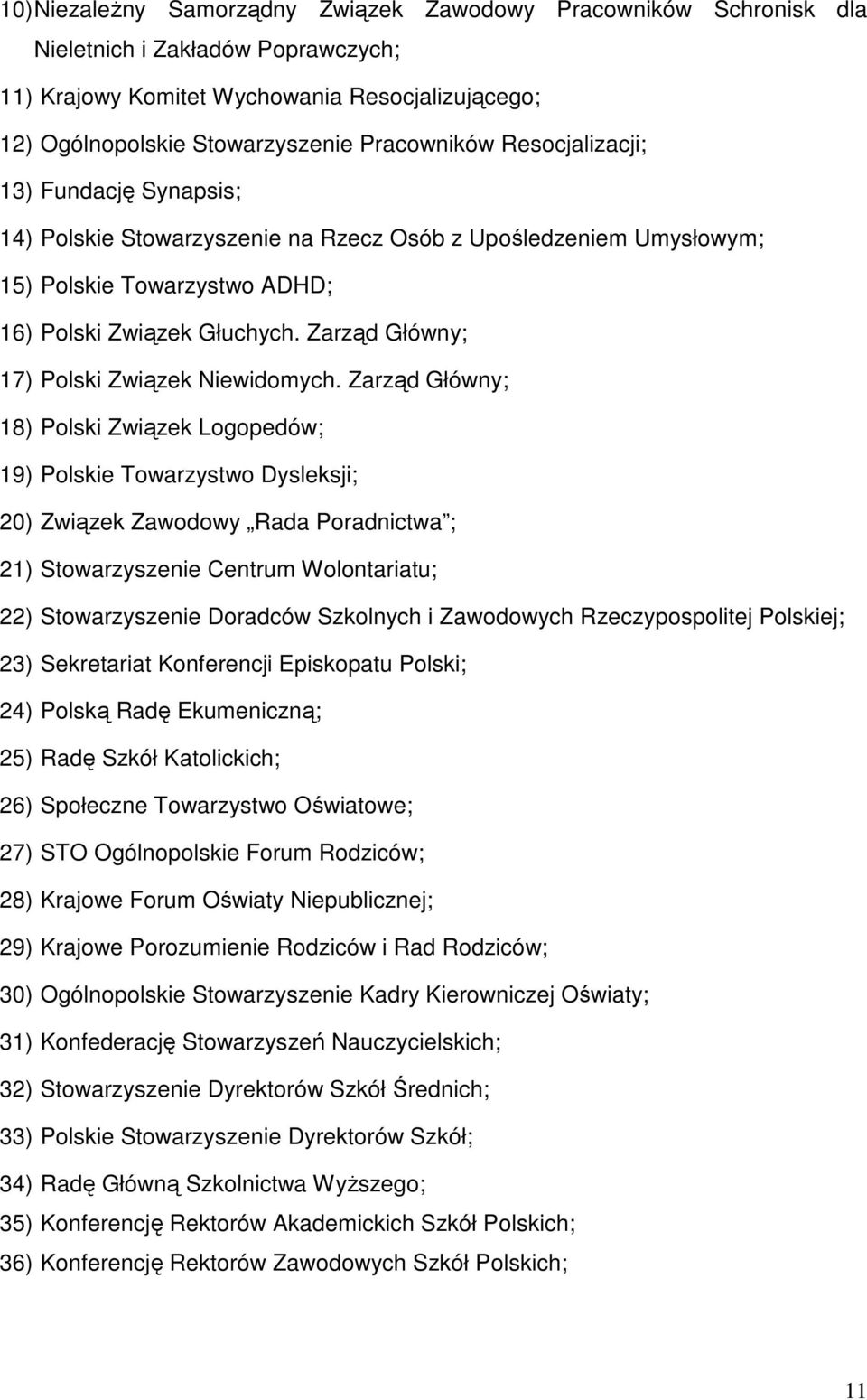 Zarząd Główny; 17) Polski Związek Niewidomych.