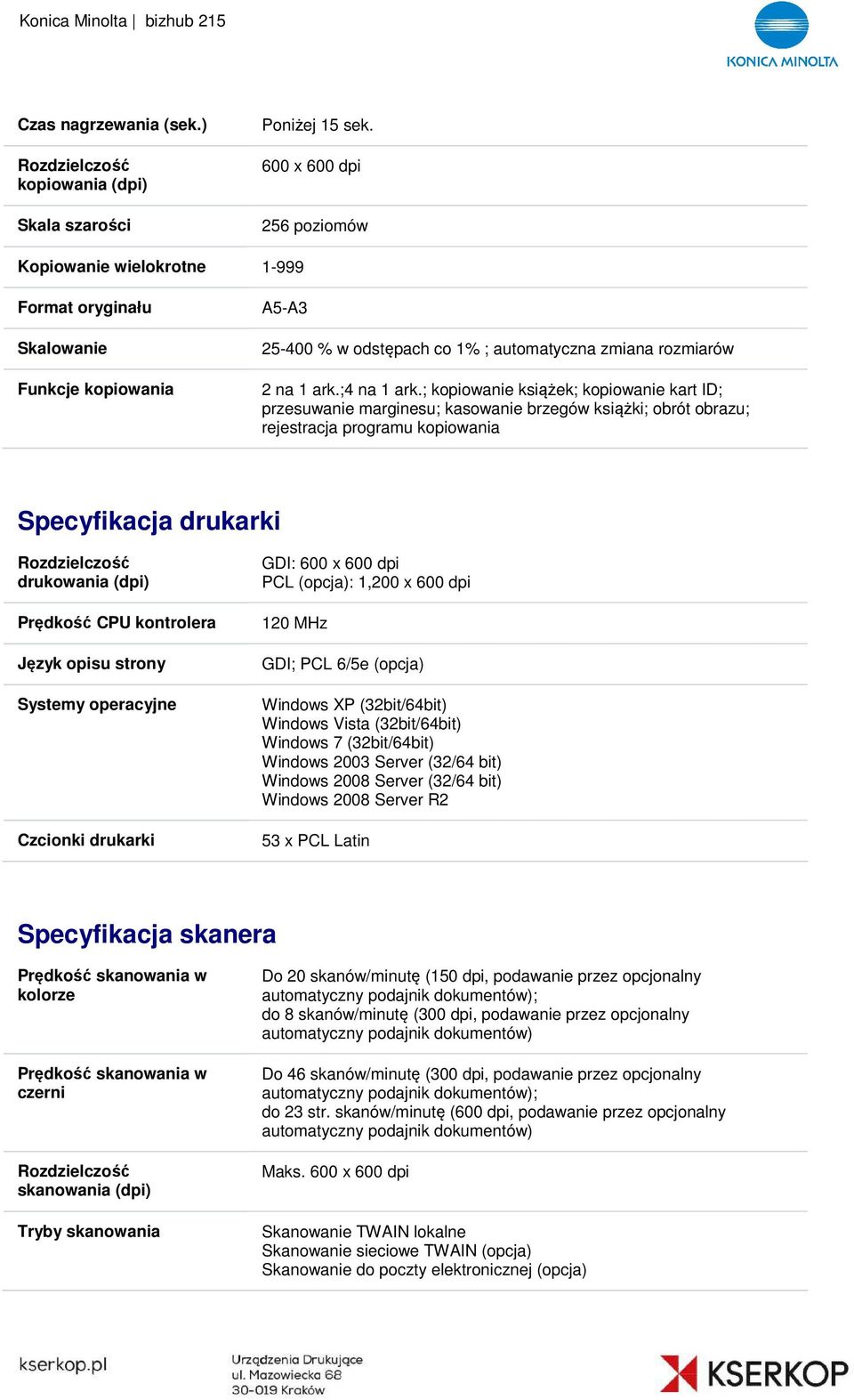 ; kopiowanie książek; kopiowanie kart ID; przesuwanie marginesu; kasowanie brzegów książki; obrót obrazu; rejestracja programu kopiowania Specyfikacja drukarki Rozdzielczość drukowania (dpi) Prędkość