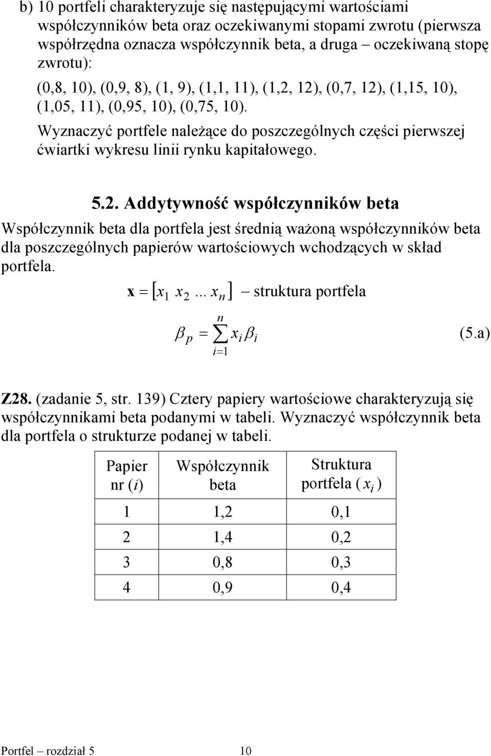. Addytywność współczynnków beta Współczynnk beta dla portela jest średną ważoną współczynnków beta dla poszczególnych paperów wartoścowych wchodzących w skład portela. [.