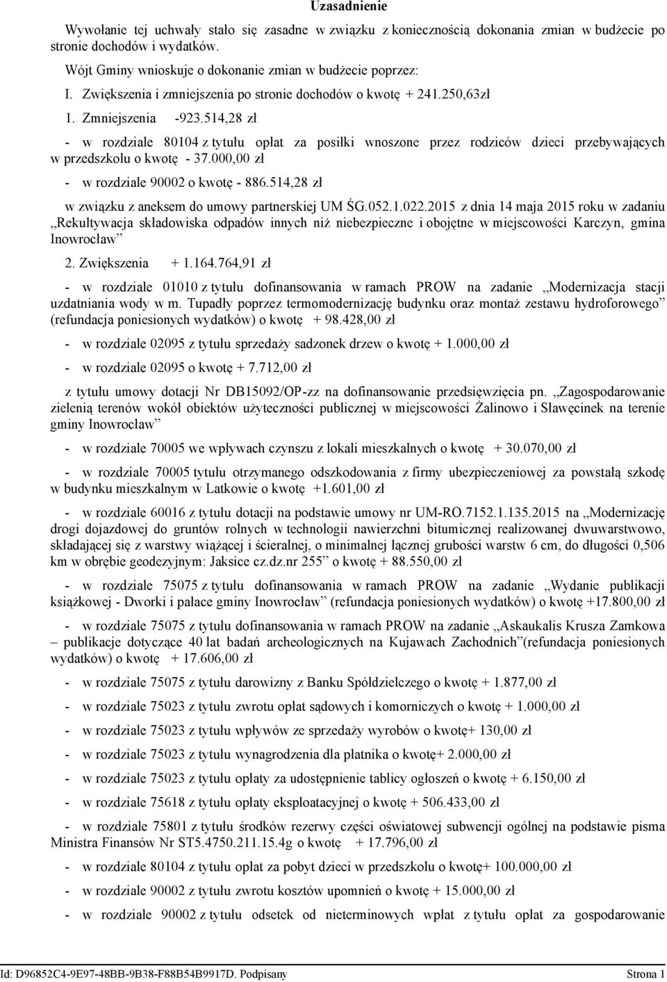 514,28 zł - w rozdziale 80104 z tytułu opłat za posiłki wnoszone przez rodziców dzieci przebywających w przedszkolu o kwotę - 37.000,00 zł - w rozdziale 90002 o kwotę - 886.