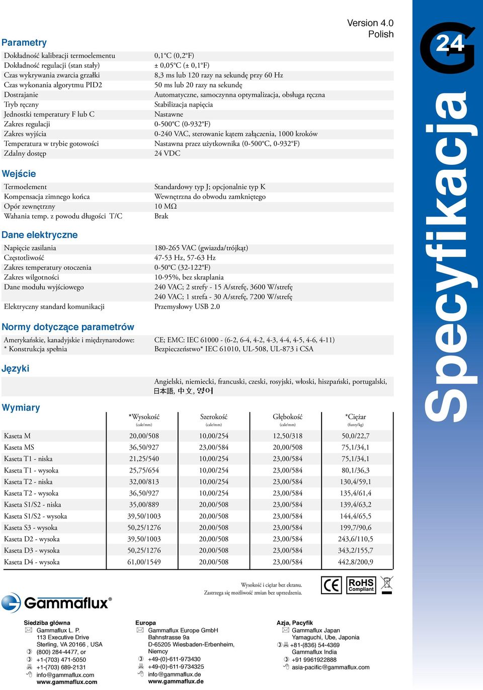 z powodu długości T/C Dae elektrycze 0,1 C (0,2 F) ± 0,05 C (± 0,1 F) 8,3 ms lub 120 razy a sekudę przy 60 Hz 50 ms lub 20 razy a sekudę Automatycze, samoczya optymalizacja, obsługa ręcza