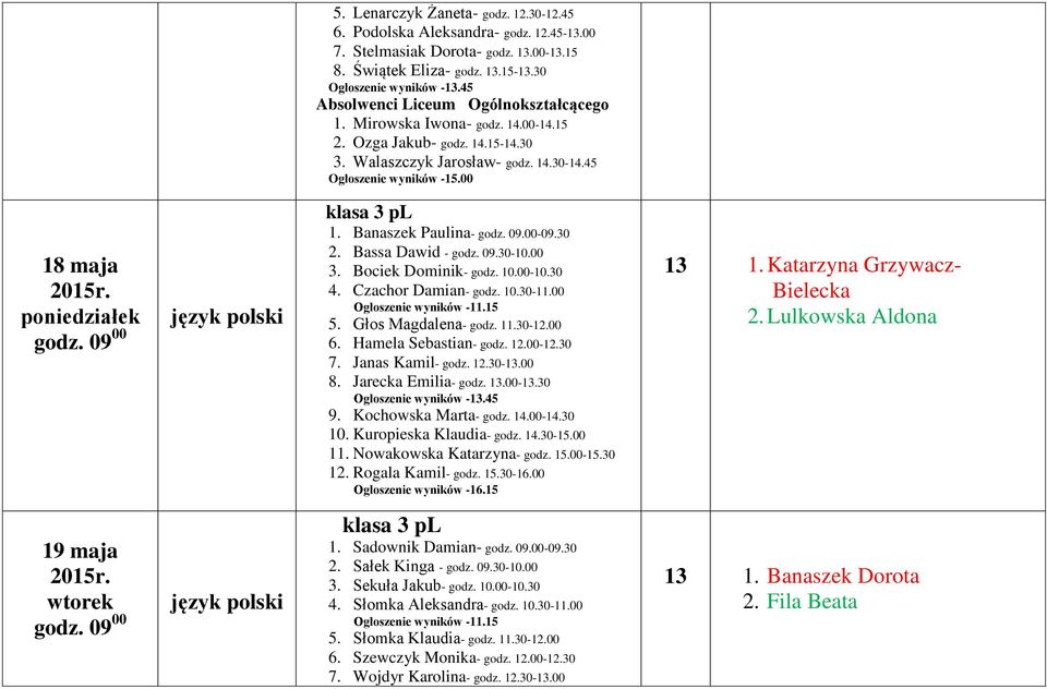 00 18 maja poniedziałek godz. 09 00 polski klasa 3 pl 1. Banaszek Paulina- godz. 09.00-09.30 2. Bassa Dawid - godz. 09.30-10.00 3. Bociek Dominik- godz. 10.00-10.30 4. Czachor Damian- godz. 10.30-11.