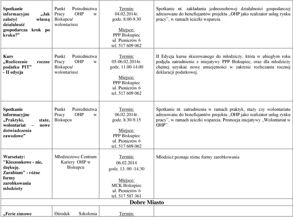 Kurs Rozliczenie podatku PIT - II edycja roczne / wolontariusz 05-06.02.2014r. godz. 11.00-14.