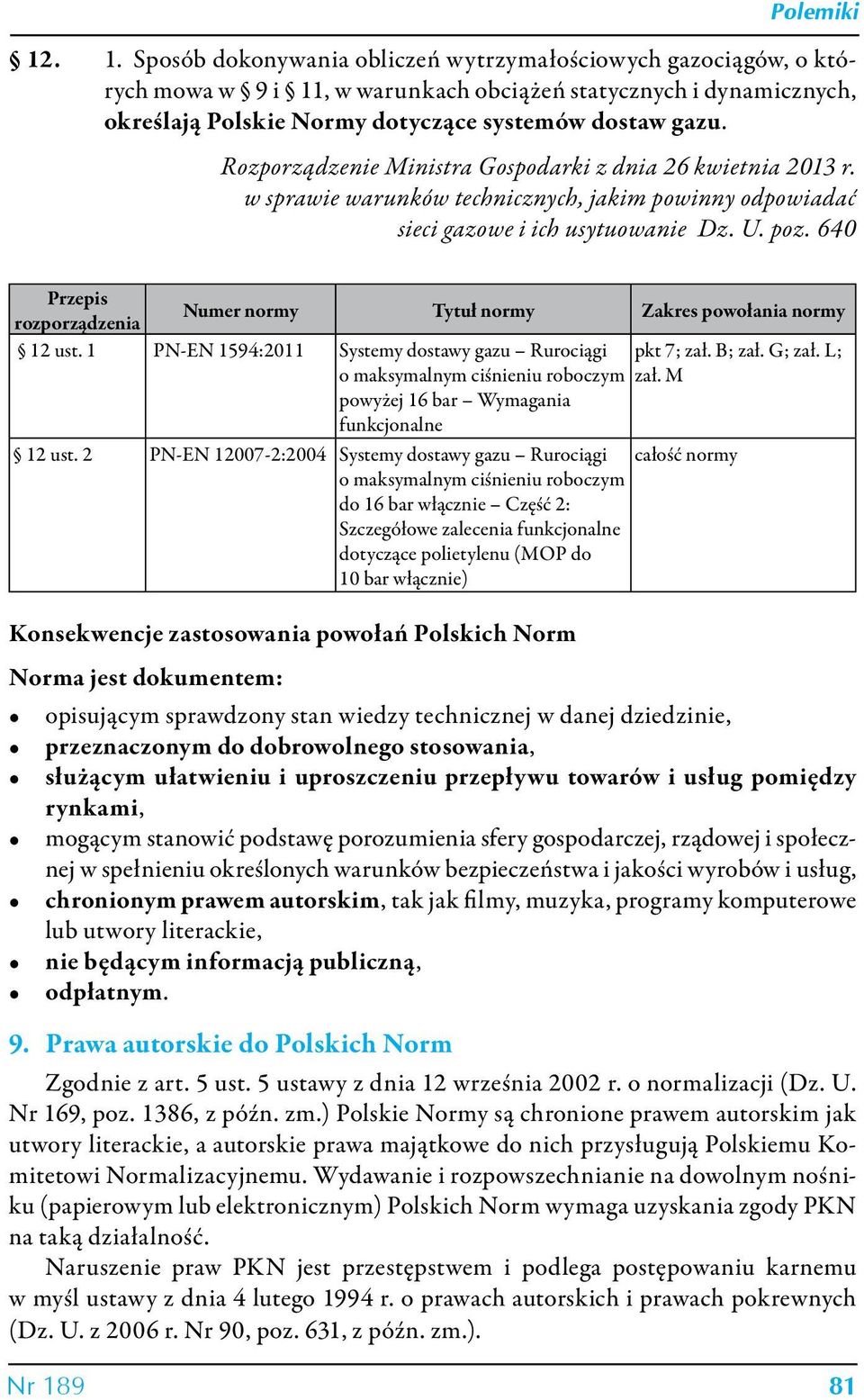 640 Przepis rozporządzenia Numer normy Tytuł normy Zakres powołania normy 12 ust. 1 PN-EN 1594:2011 Systemy dostawy gazu Rurociągi pkt 7; zał. B; zał. G; zał. L; o maksymalnym ciśnieniu roboczym zał.