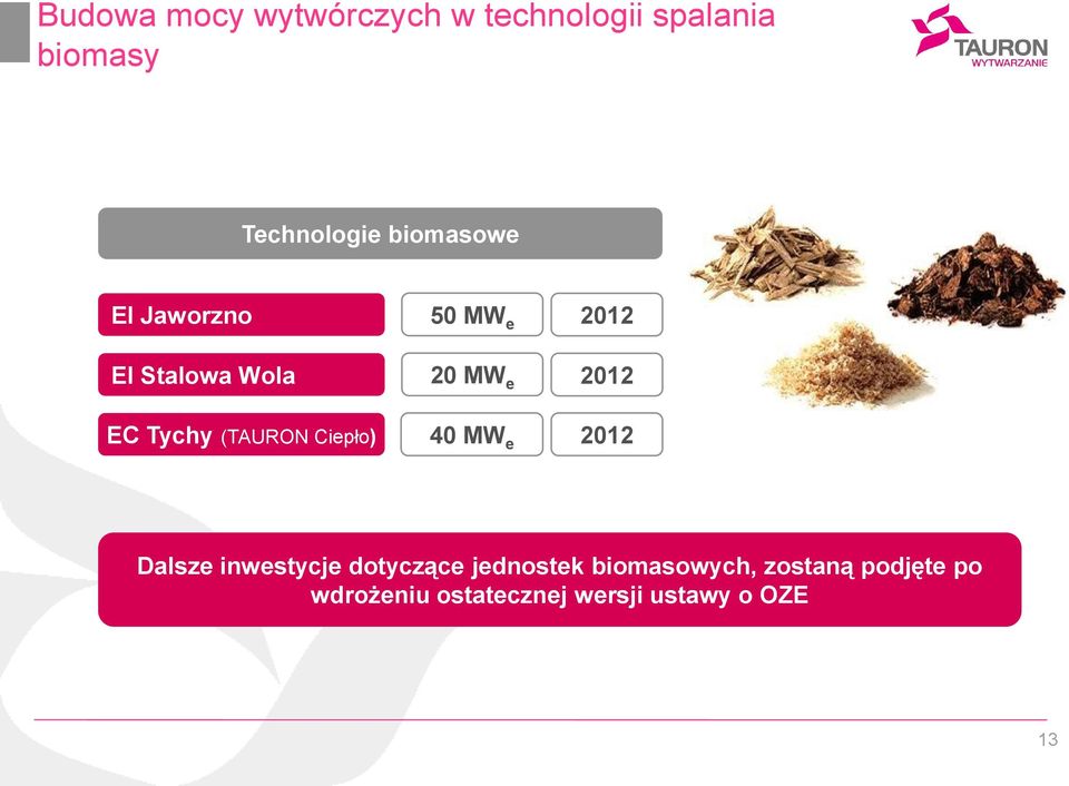 Tychy (TAURON Ciepło) 40 MW e 2012 Dalsze inwestycje dotyczące