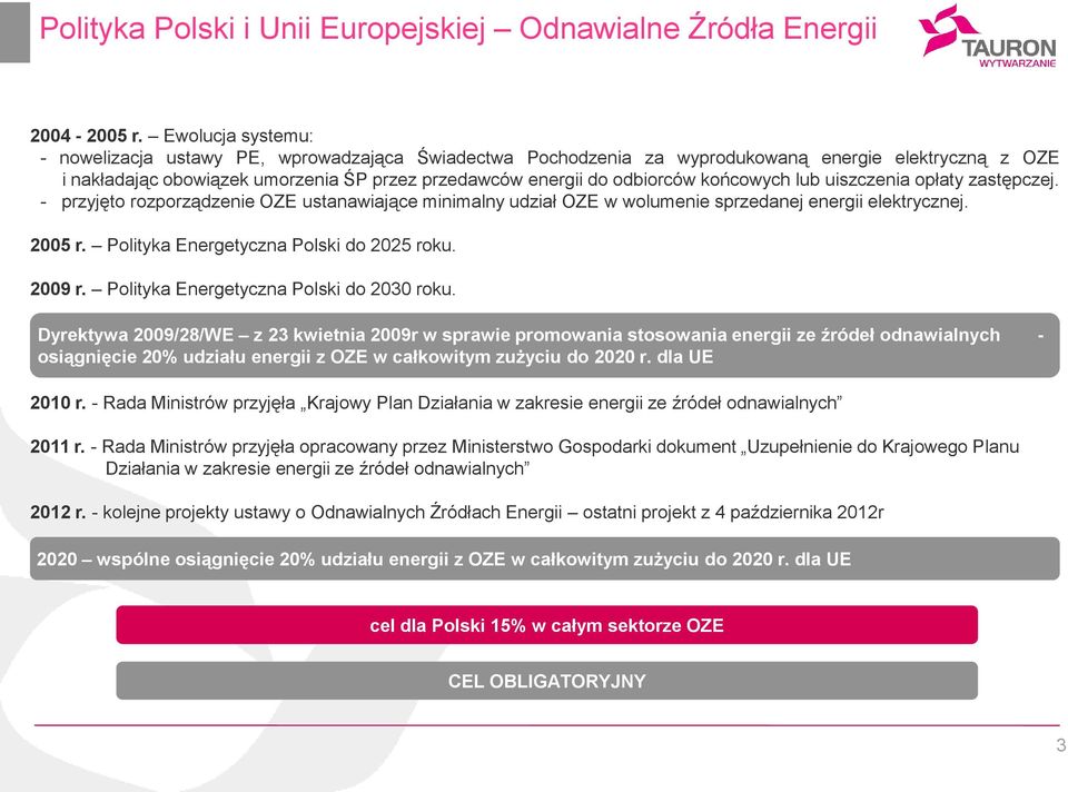 końcowych lub uiszczenia opłaty zastępczej. - przyjęto rozporządzenie OZE ustanawiające minimalny udział OZE w wolumenie sprzedanej energii elektrycznej. 2005 r.