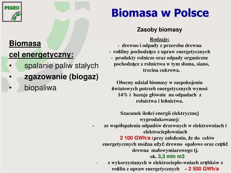 Obecny udział biomasy w zaspokojeniu światowych potrzeb energetycznych wynosi 14% i bazuje głównie na odpadach z rolnictwa i leśnictwa.