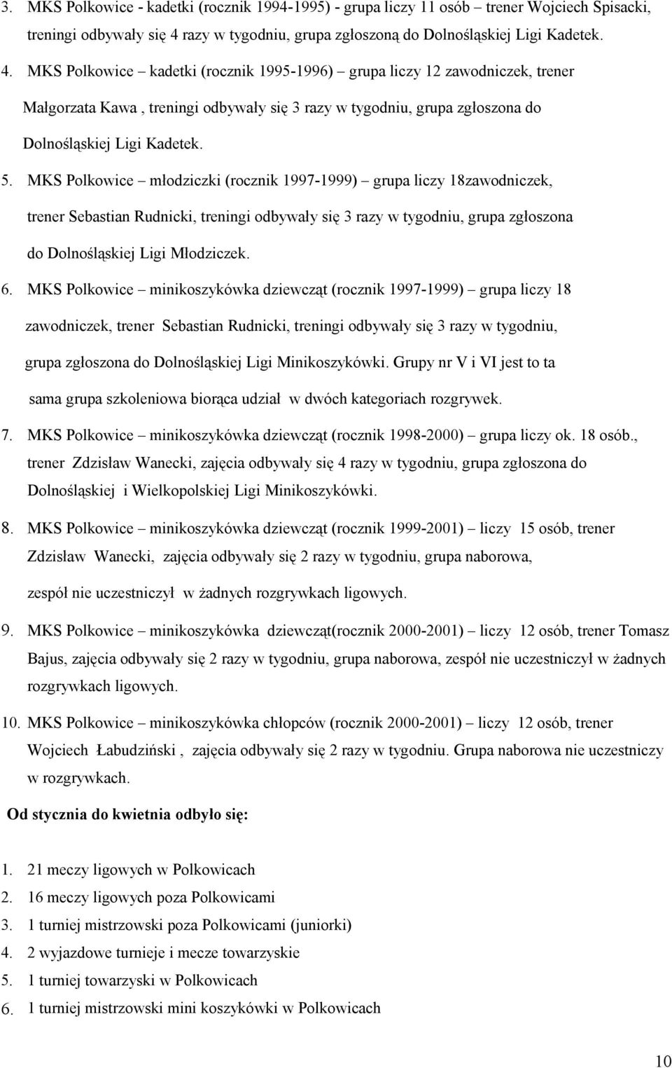 MKS Polkowice kadetki (rocznik 1995-1996) grupa liczy 12 zawodniczek, trener Małgorzata Kawa, treningi odbywały się 3 razy w tygodniu, grupa zgłoszona do Dolnośląskiej Ligi Kadetek. 5.