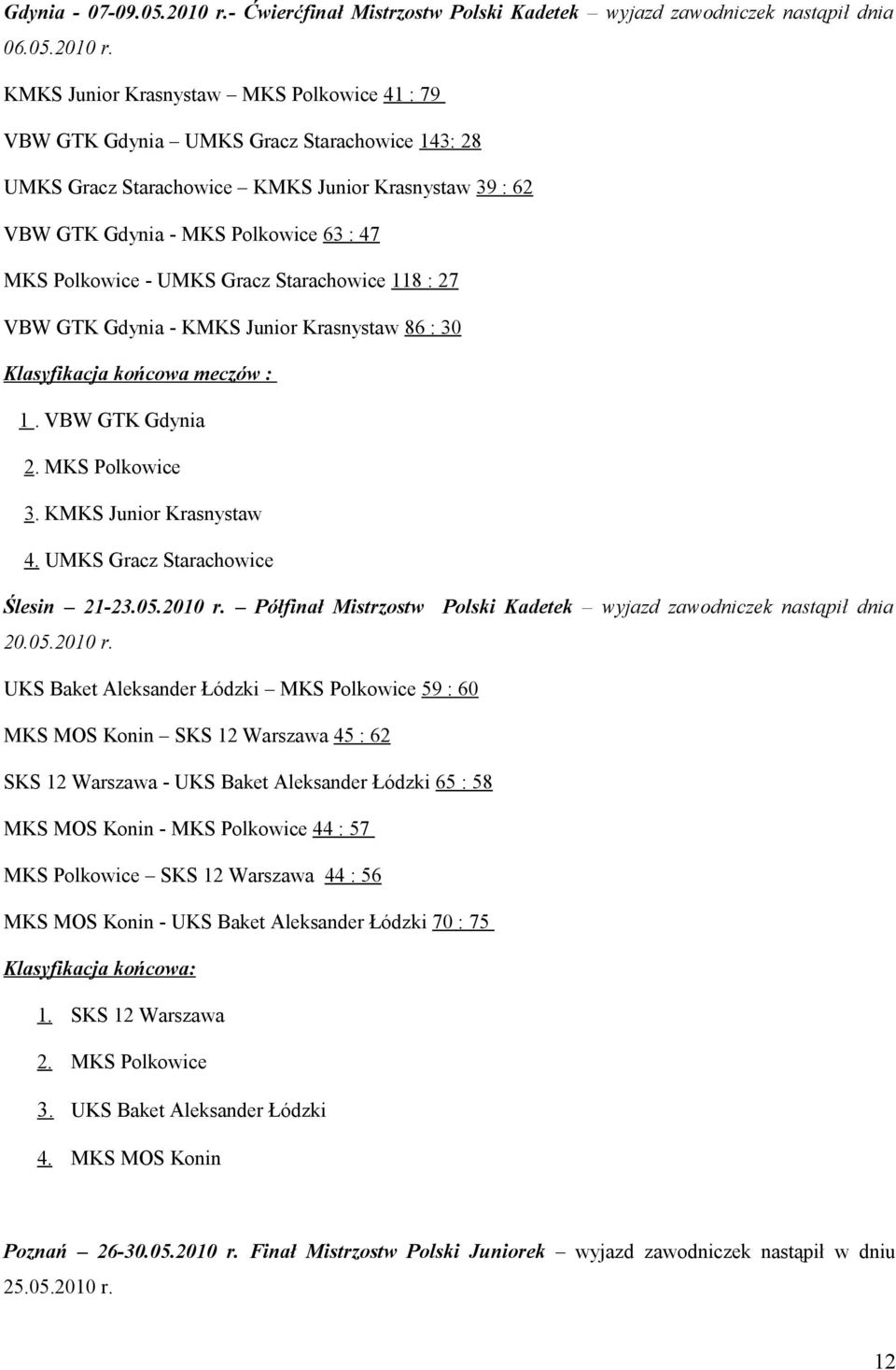 KMKS Junior Krasnystaw MKS Polkowice 41 : 79 VBW GTK Gdynia UMKS Gracz Starachowice 143: 28 UMKS Gracz Starachowice KMKS Junior Krasnystaw 39 : 62 VBW GTK Gdynia - MKS Polkowice 63 : 47 MKS Polkowice