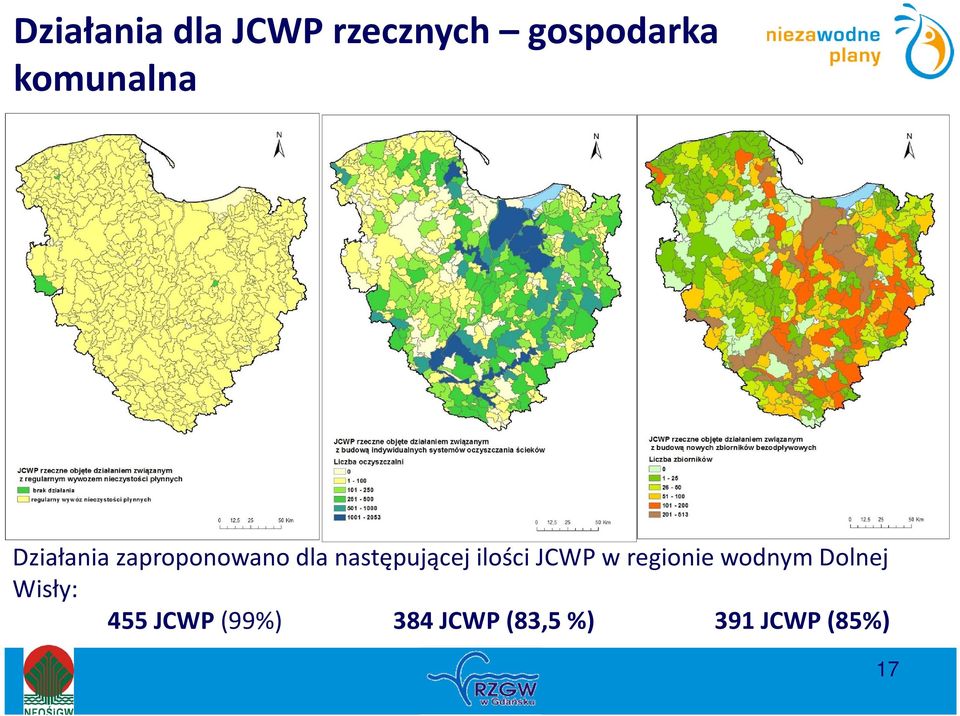 następującej ilości JCWP w regionie wodnym