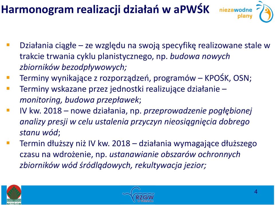 monitoring, budowa przepławek; IV kw. 2018 nowe działania, np.