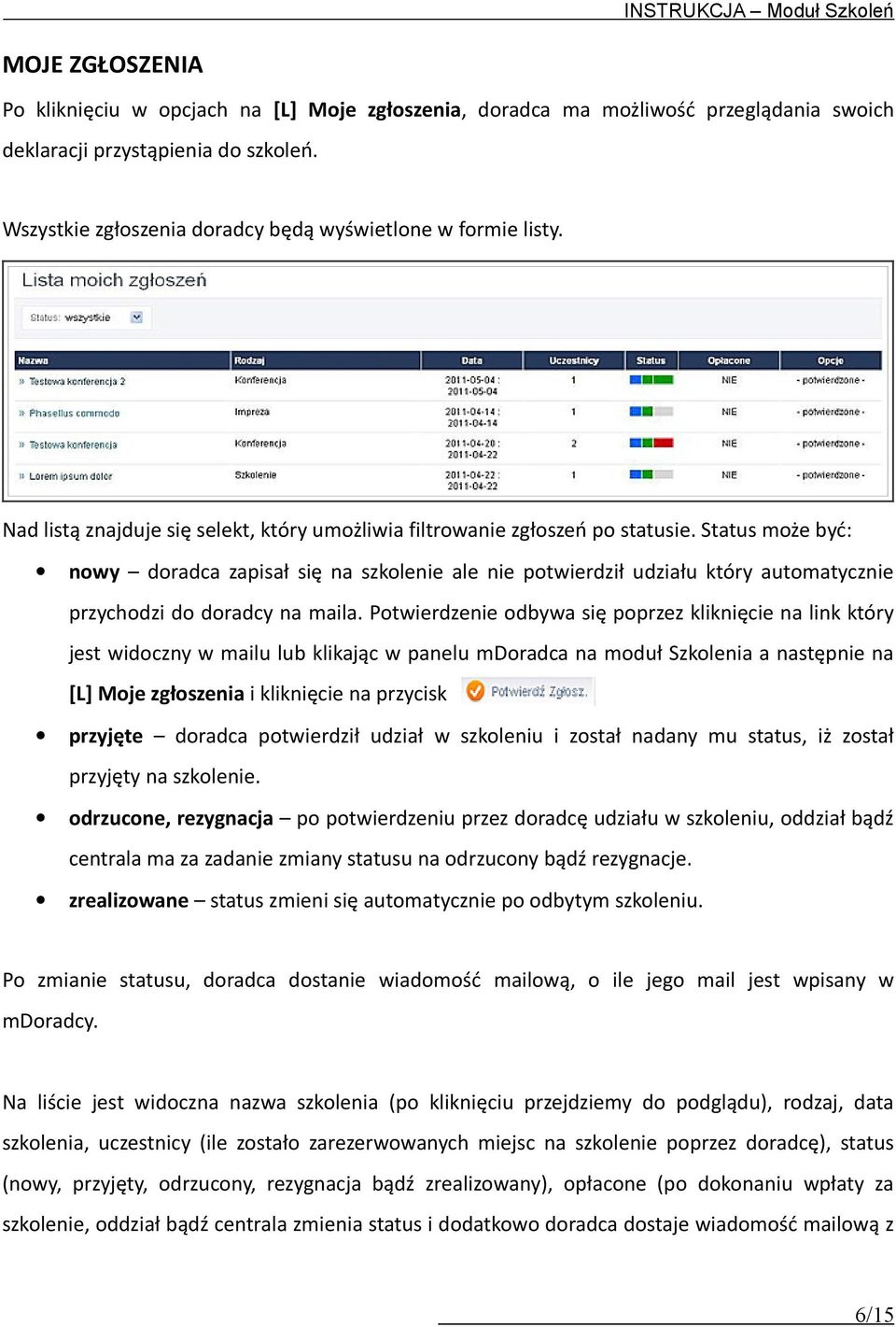 Status może być: nowy doradca zapisał się na szkolenie ale nie potwierdził udziału który automatycznie przychodzi do doradcy na maila.